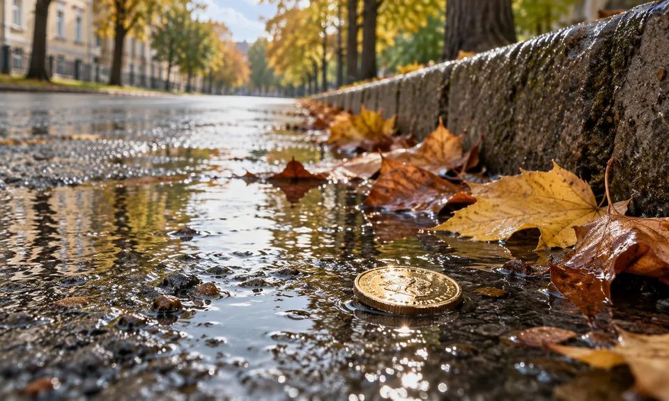 Монета на мокром асфальте у края тротуара