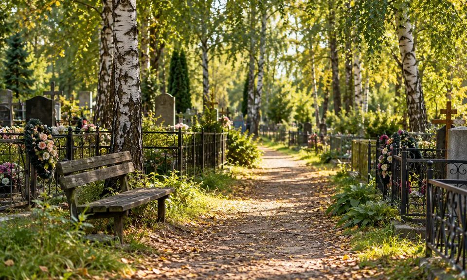 Тихая аллея старого кладбища с берёзами
