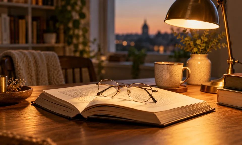 Очки в тонкой оправе лежат на раскрытой книге