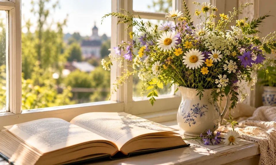Раскрытая книга и солнечный свет на подоконнике