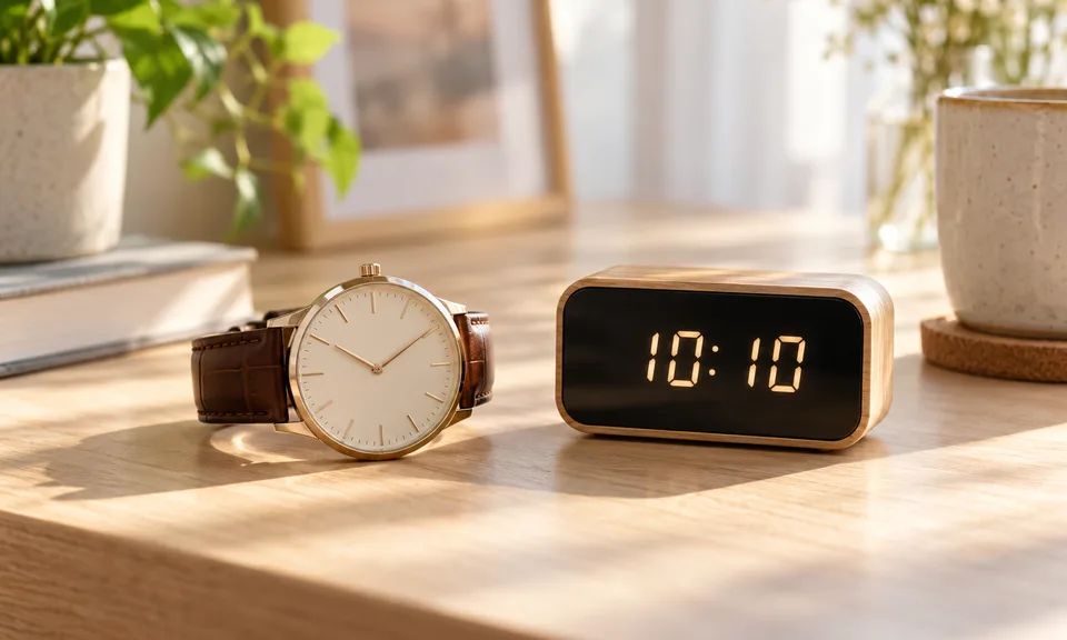 Наручные часы со стрелками на 10:10 рядом с электронным табло 10:10