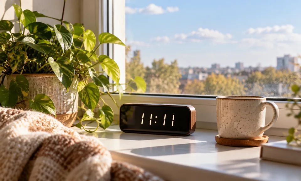 Электронные часы показывают 11:11 на подоконнике